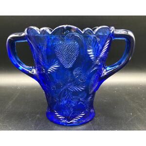 598 - Mosser Cobalt Blue Strawberry Spooner Double Handle Pressed Glass